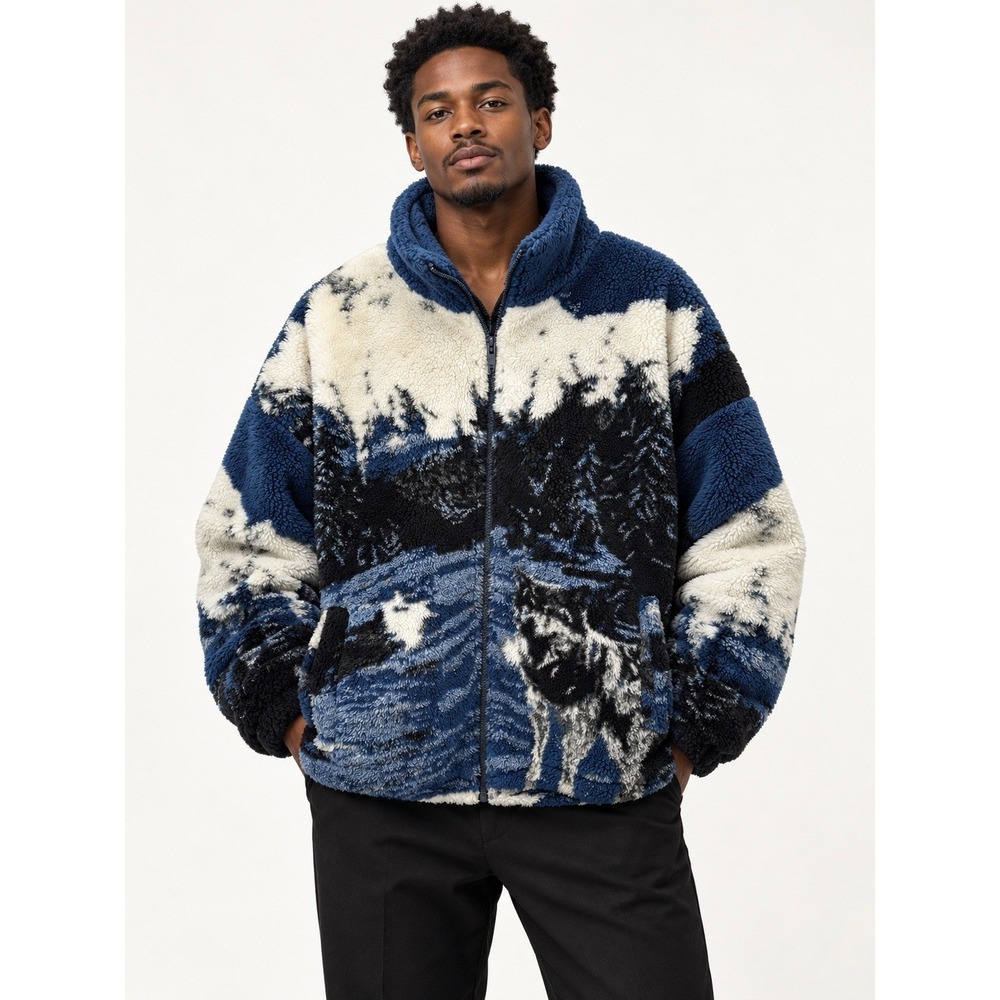 Zara Men L Wolf Landscape Borg Teddy Sherpa Fleece Jacket Blue Rare